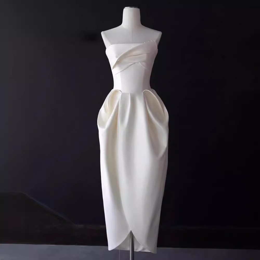 ノースリーブ サテン 白 黒 シンプル おしゃれ ウェディングドレス 高級感 韓国風 花嫁 前撮り JSXA568