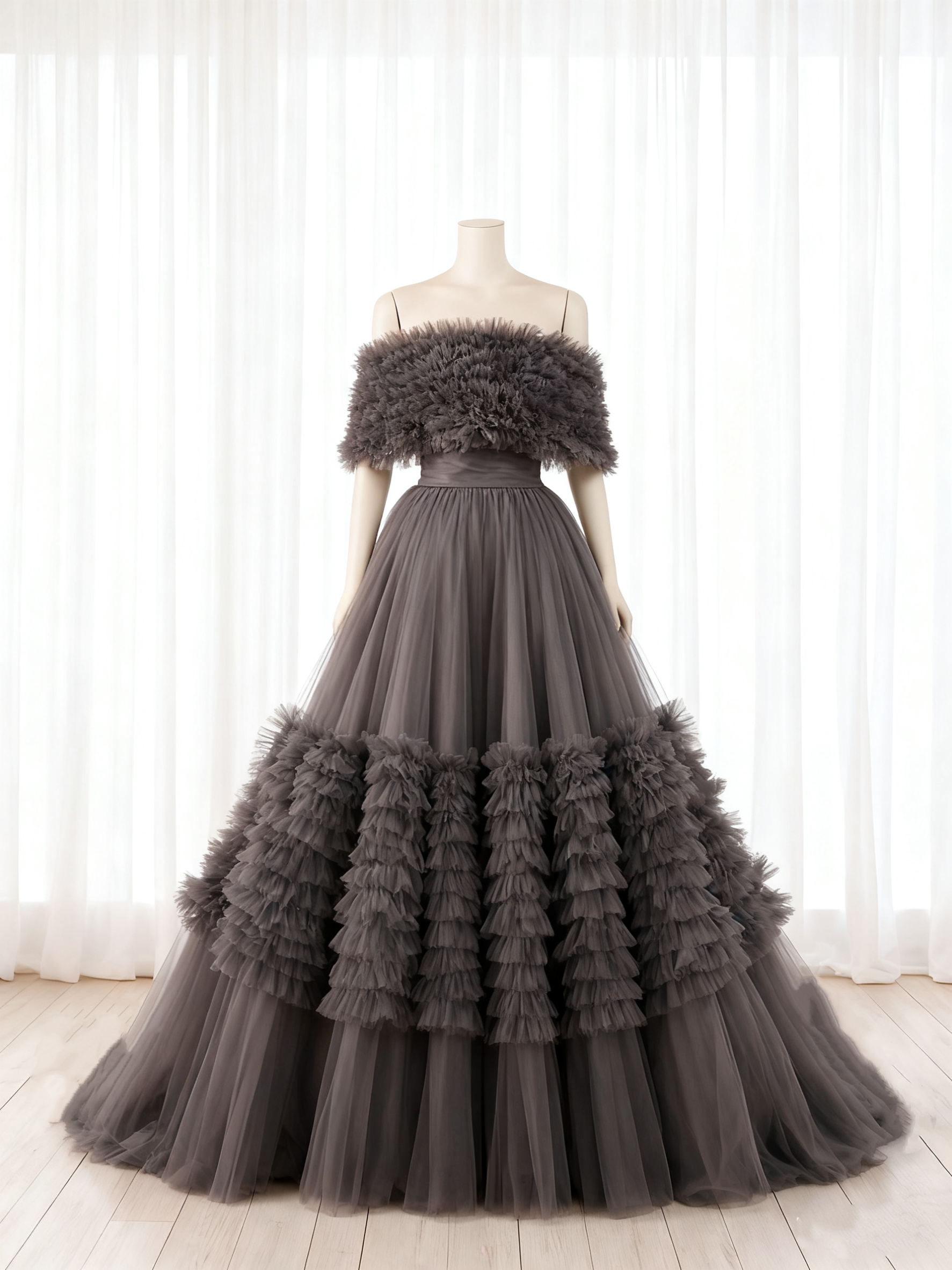 送料無料！カラードレス グレー オフショルダー  アシンメトリードレス 柔らかく重ねたチュールスカート 披露宴  花嫁