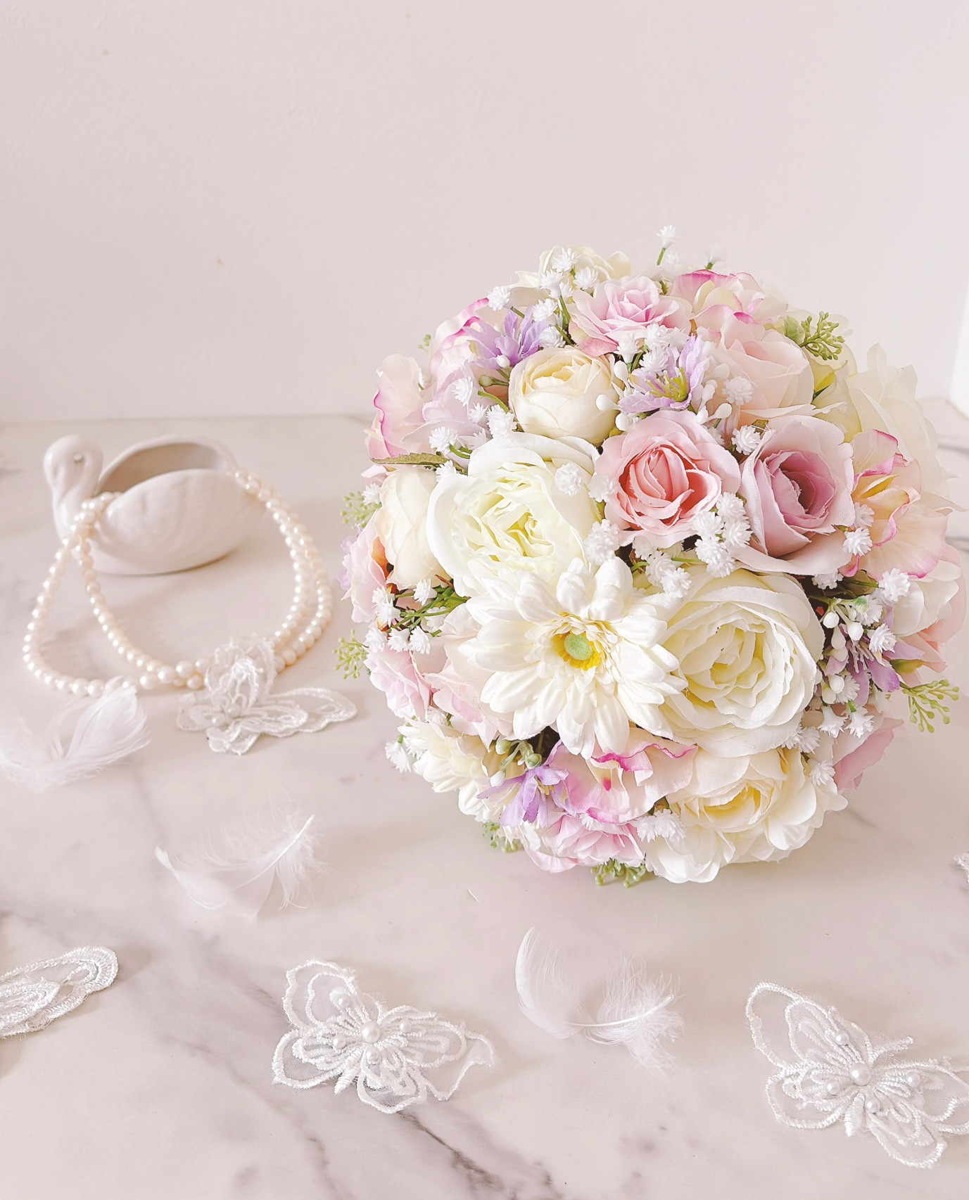 【パステルカラーブーケ3点セット】ブーケ＆ヘッドパーツ /ウェディング・前撮り/アーティフィシャルフラワー/造花