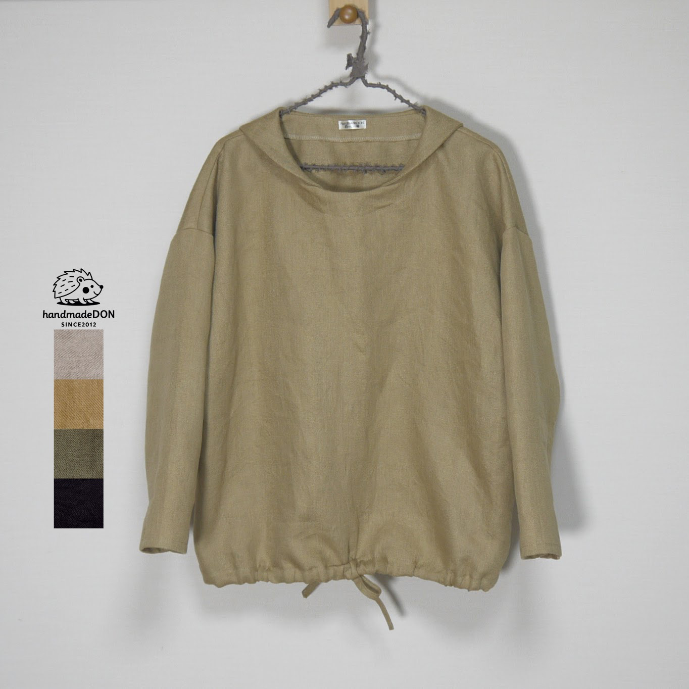 【厚手リネン】マリンシャツブラウス　長袖◆マスタード◆M・L・LL◆ウィンターリネン（15番手、リネン100％）