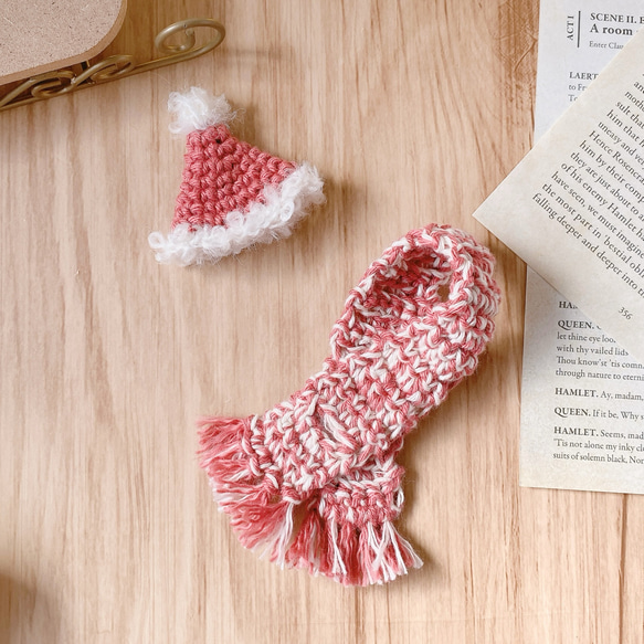 くすみレッドのサンタ帽子とマフラーセット＊10〜15cmぬい服サイズ 1枚目の画像