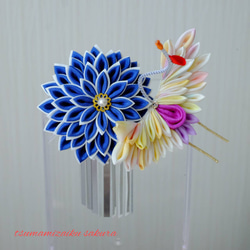 １点物】パステルカラーのぼかし染め鶴のかんざし銀ビラつき　青　紺　七五三・十三参りに　つまみ細工　成人式に／正絹 1枚目の画像