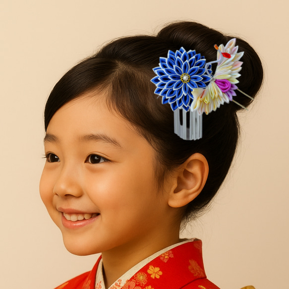 １点物】パステルカラーのぼかし染め鶴のかんざし銀ビラつき　青　紺　七五三・十三参りに　つまみ細工　成人式に／正絹 7枚目の画像