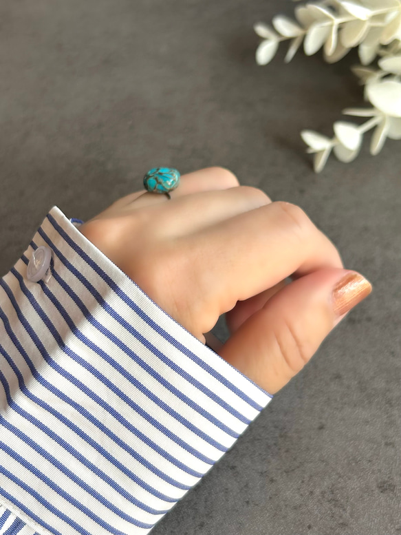 スクエアターコイズ一粒リング　フリー10ミリ　サージカルステンレス316  12月誕生石 2枚目の画像