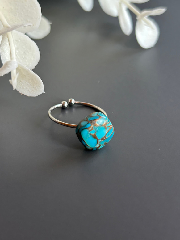 スクエアターコイズ一粒リング　フリー10ミリ　サージカルステンレス316  12月誕生石 4枚目の画像