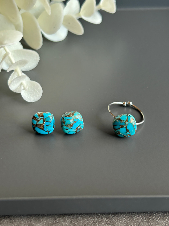 スクエアターコイズ一粒リング　フリー10ミリ　サージカルステンレス316  12月誕生石 7枚目の画像