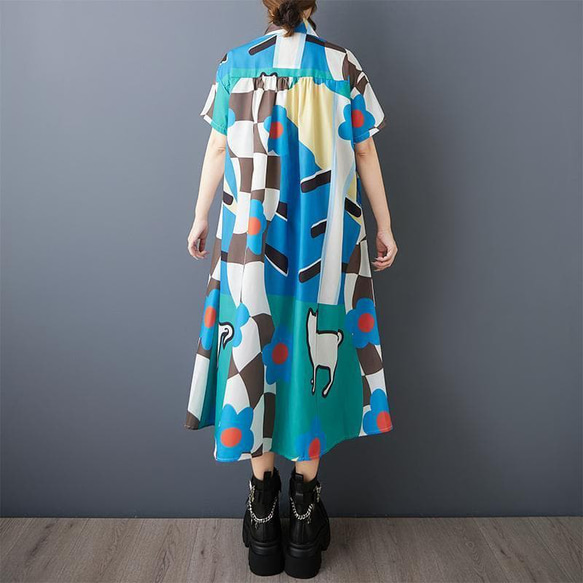 ❤️大きいサイズ❤️カラフル　ブルー　ワンピース　レディース 春夏　新品 半袖 3枚目の画像