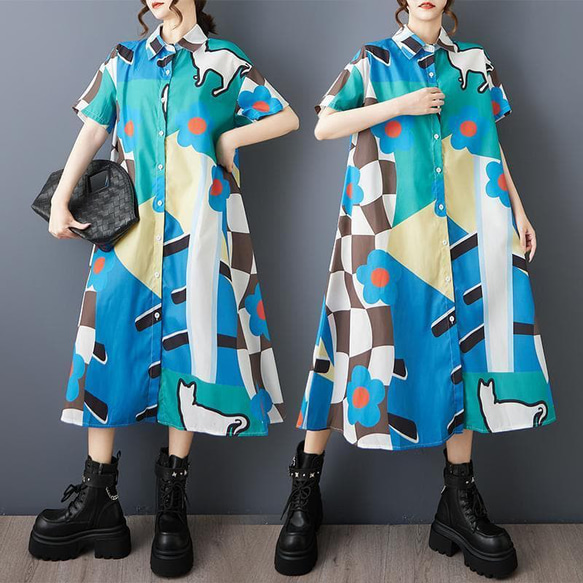 ❤️大きいサイズ❤️カラフル　ブルー　ワンピース　レディース 春夏　新品 半袖 1枚目の画像