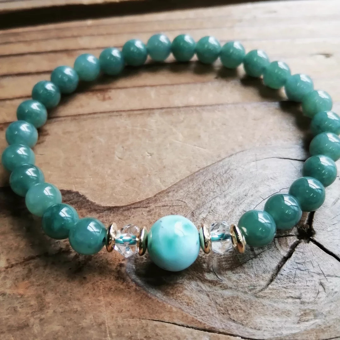 ◆ラリマー＆グァテマラ産翡翠のブレスレット⁡ ⁡9000円（送料無料）⁡ ラリマー9mm グァテマラ産翡翠⁡6mm⁡ ⁡