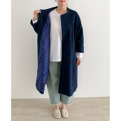 en-enヨーロッパ生地ウール８０%・モヘア調ドルマン袖コート・紺×グリーン格子 4枚目の画像