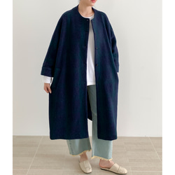 en-enヨーロッパ生地ウール８０%・モヘア調ドルマン袖コート・紺×グリーン格子 2枚目の画像