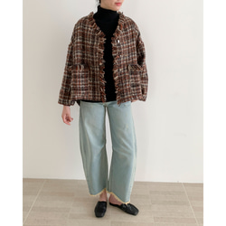 en-eたっぷりフリンジ・ツイードジャケット・茶系マルチカラー（裏地付き） 2枚目の画像