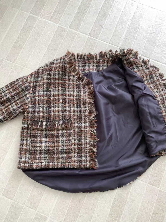 en-eたっぷりフリンジ・ツイードジャケット・茶系マルチカラー（裏地付き） 5枚目の画像