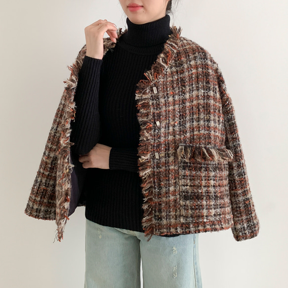en-eたっぷりフリンジ・ツイードジャケット・茶系マルチカラー（裏地付き） 1枚目の画像