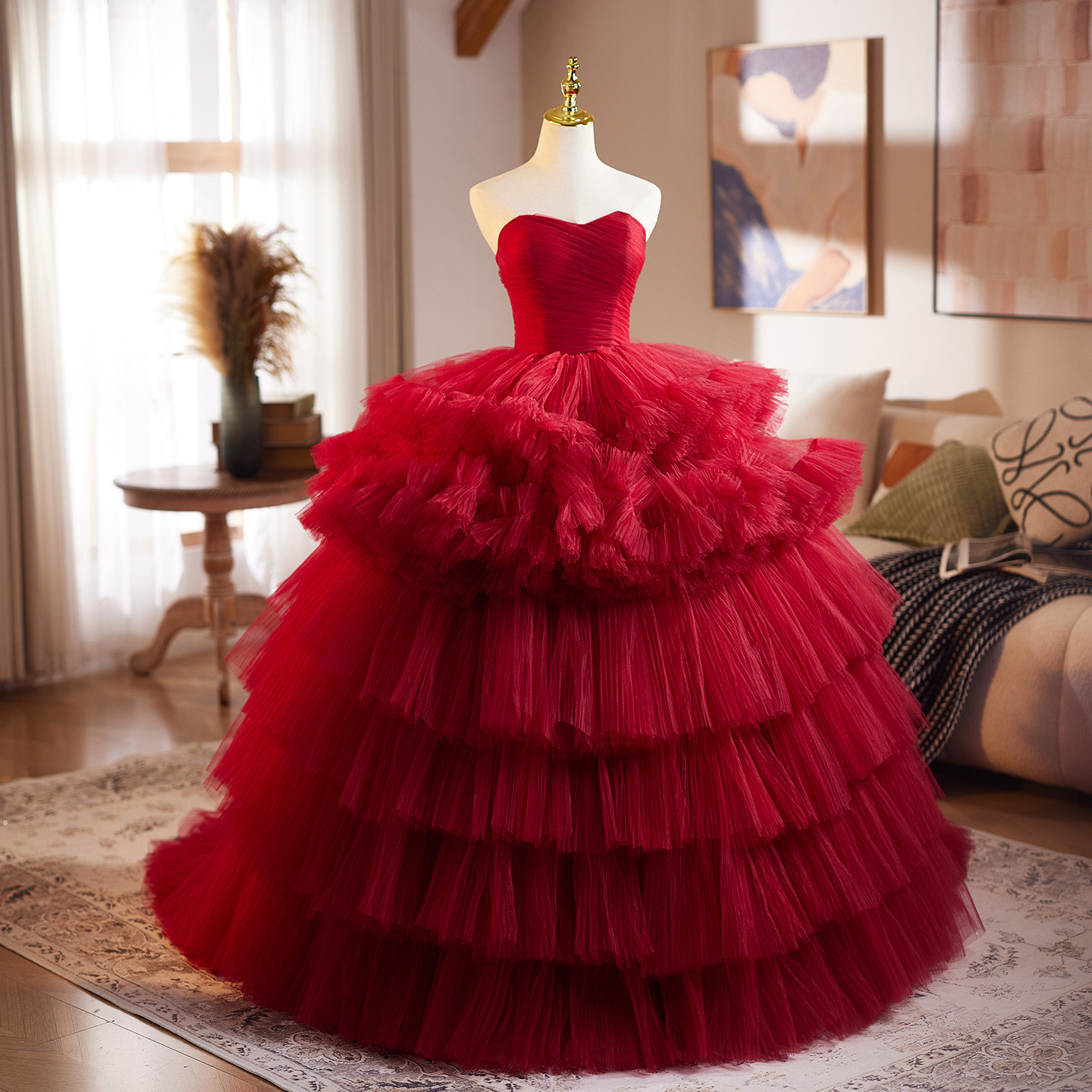 豪華 赤 オフショルダー ふわふわ ウェディングドレス 花嫁 パーティー 演奏会 二次会 前撮り 披露宴 09105