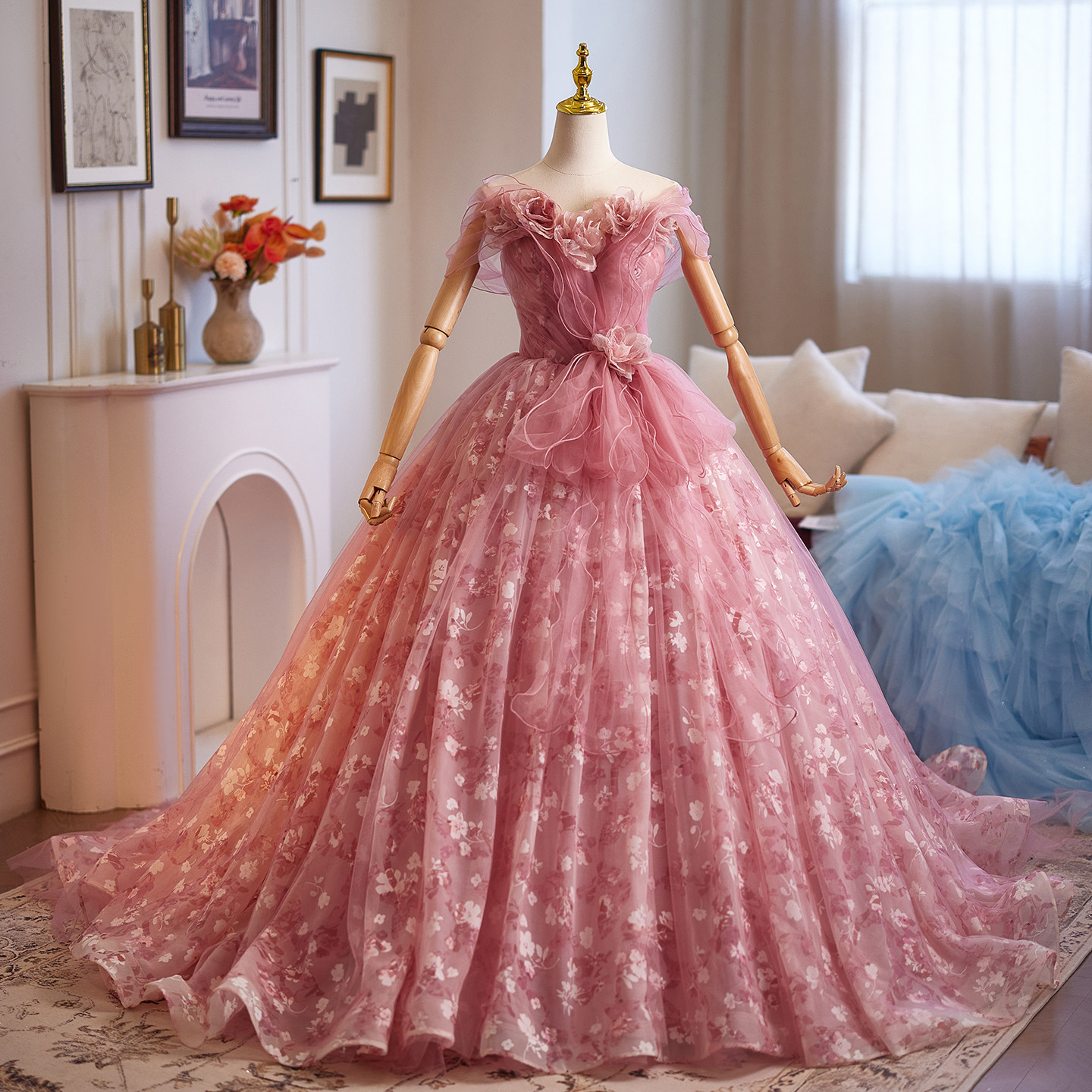 豪華 ピンク 花 オフショルダー ウェディングドレス プリンセス パーティー 演奏会 二次会 前撮り 披露宴 09103