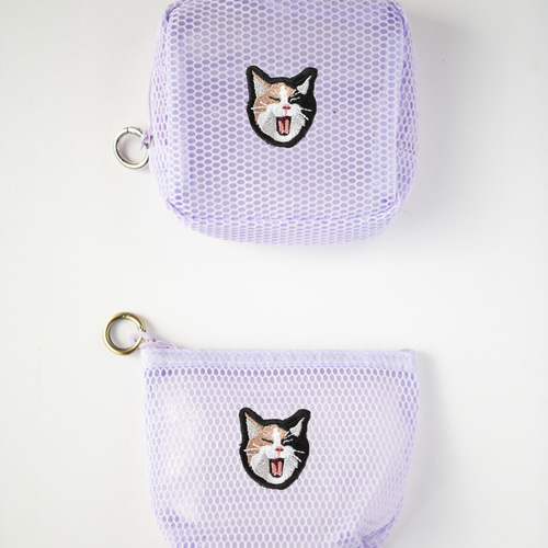 猫ちゃんたちの刺繍メッシュポーチ〈三毛猫〉2個セット／つばめ