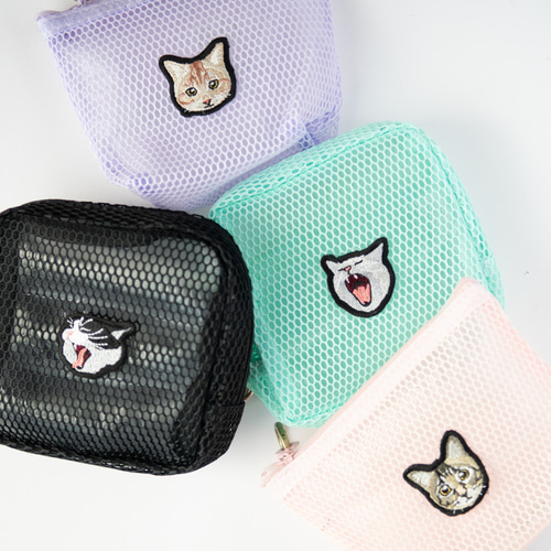 猫ちゃんたちの刺繍メッシュポーチ〈三毛猫〉2個セット／つばめ