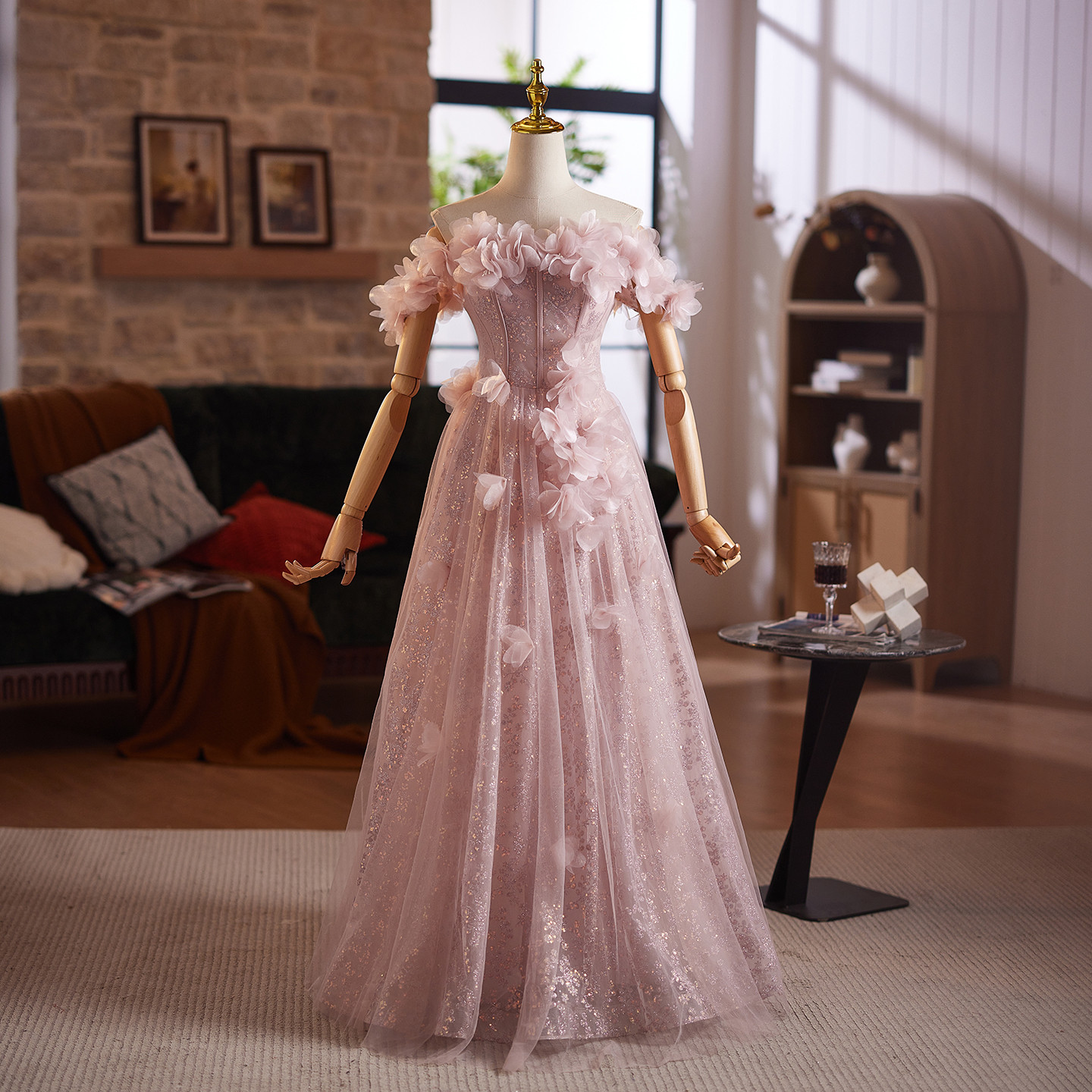 綺麗 ピンク 花 オフショルダー ウェディングドレス プリンセス パーティー 演奏会 二次会 前撮り 披露宴 09098