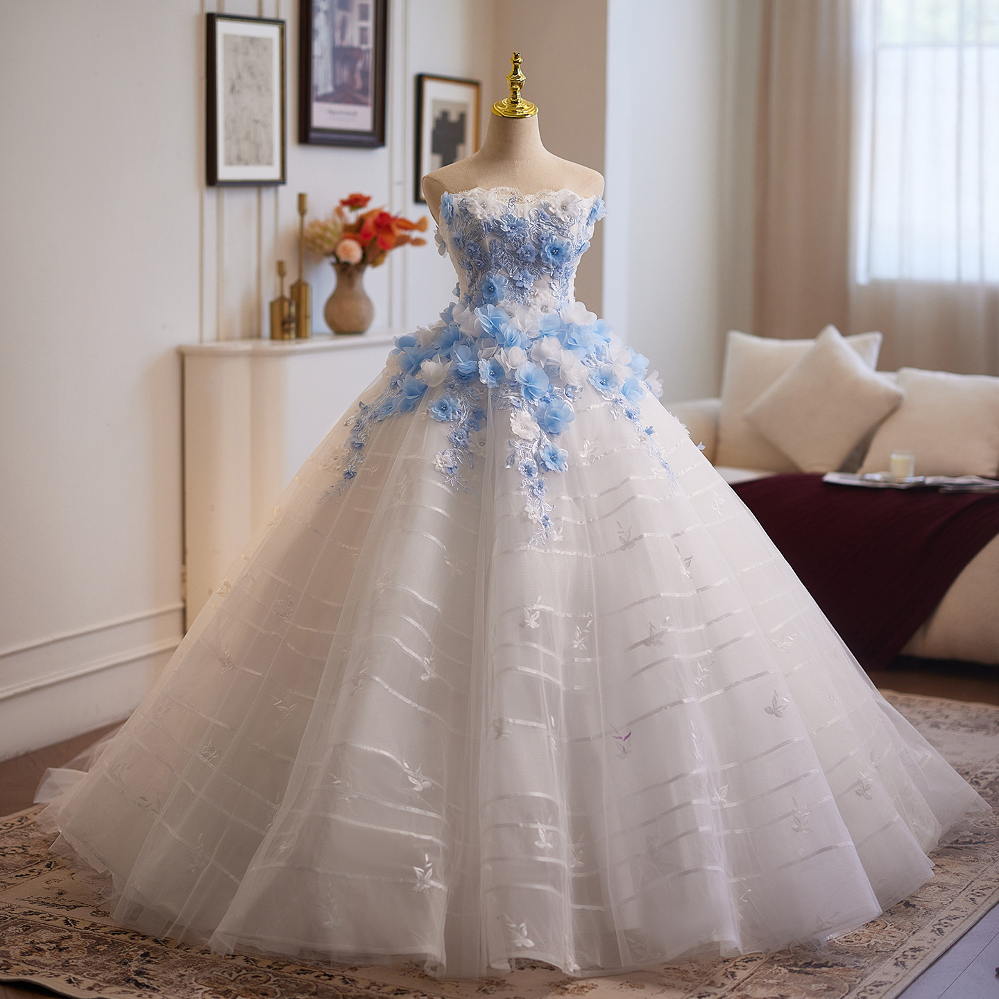 豪華 白 花 ふわふわ ウェディングドレス プリンセス ​花嫁 パーティー 演奏会 二次会 前撮り 披露宴 09100