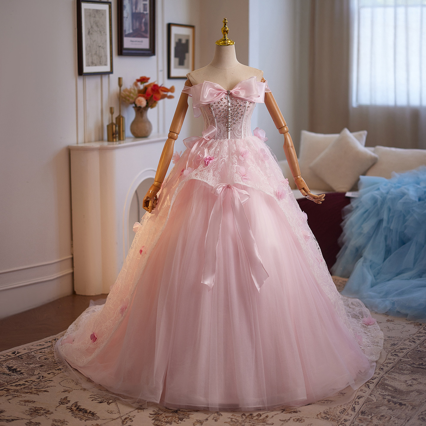 豪華 ピンク リボン ウェディングドレス プリンセス ​花嫁 パーティー 演奏会 二次会 前撮り 披露宴 09102