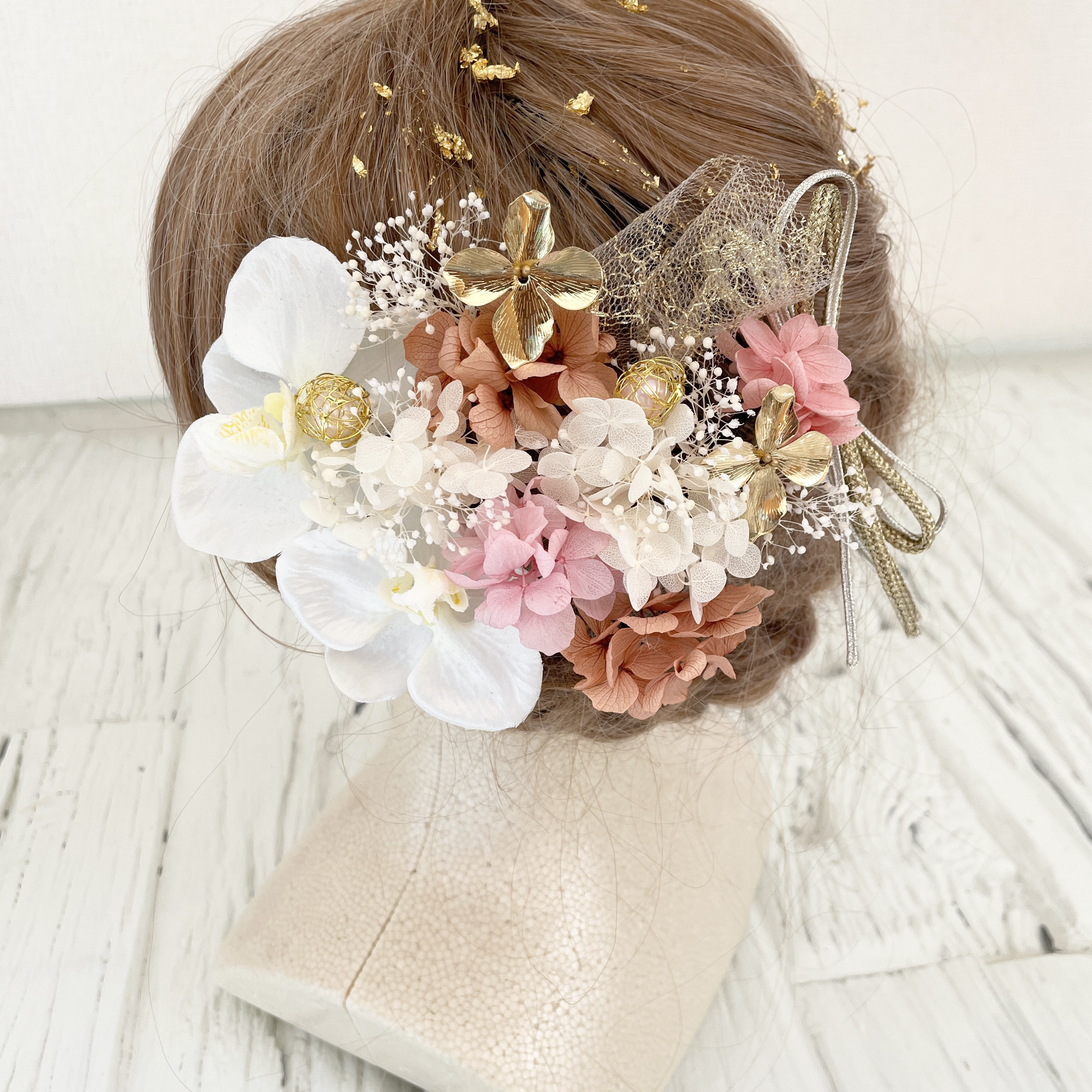 和装髪飾り　ヘッドドレス　金箔ゴールド　ホワイト　ピンク