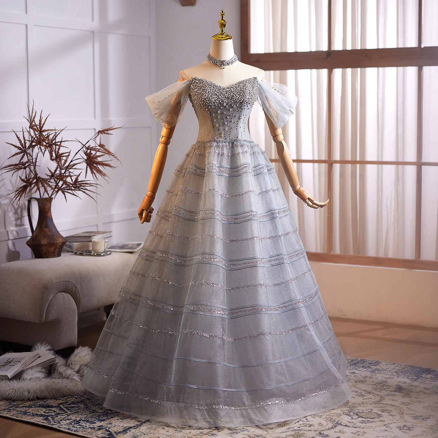 豪華 グレー ふわふわ ウェディングドレス プリンセス ​花嫁 パーティー 演奏会 二次会 前撮り 披露宴 09093