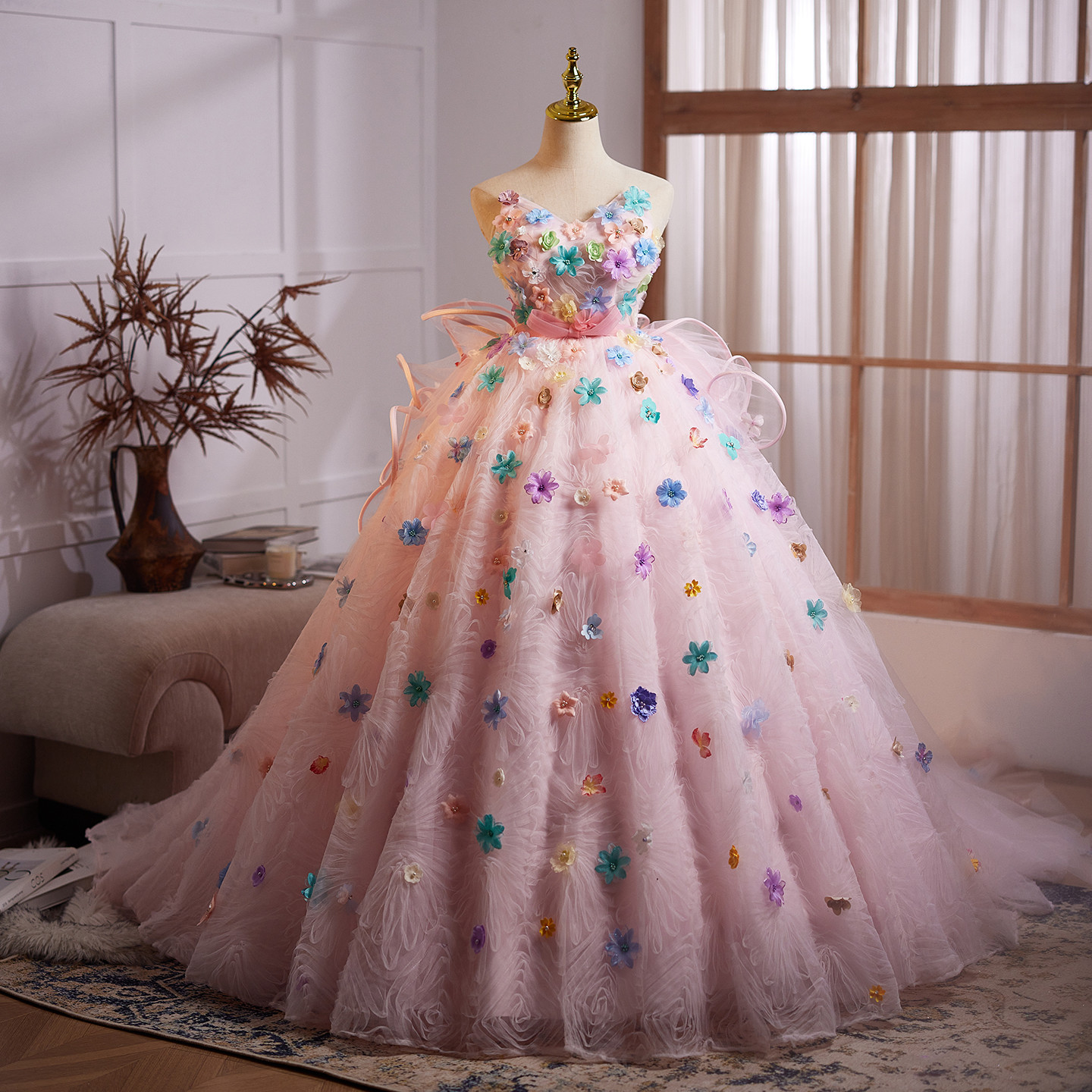 豪華 ピンク 立体花 ウェディングドレス プリンセス ​花嫁 パーティー 演奏会 二次会 前撮り 披露宴 09094