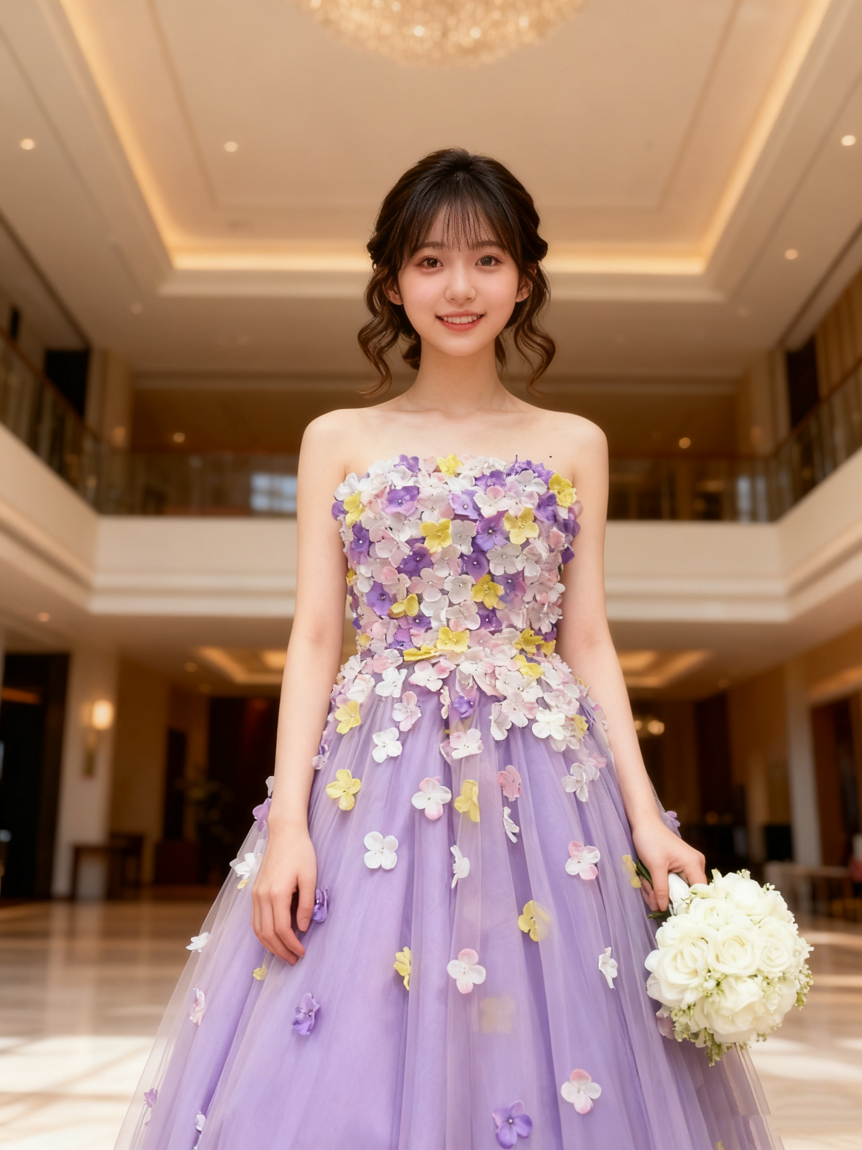 送料無料！高品質！カラードレ パープル ベアトップ 挙式 プリンセスライン 花モチーフ ソフトチュール 華やかなトレーン