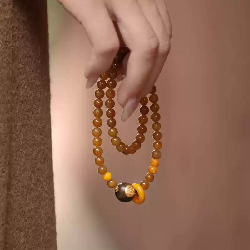 ✼• Elegant •✼  天然和田玉（ホータン玉）/ 沈香木 ダブルループブレスレット