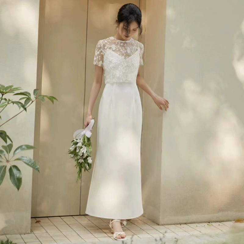 半袖 白 黒 レース シンプル ウェディングドレス 韓国風 结婚式 花嫁 二次会 前撮り JSXA631