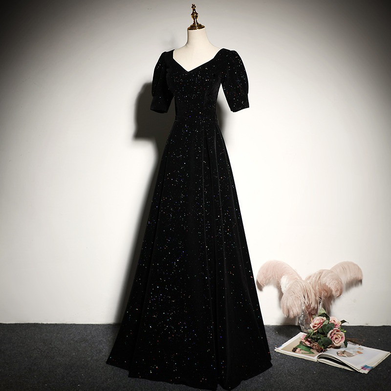 半袖 黒 Vネック キラキラ シンプル ウェディングドレス エレガント 韓国風 演奏会 二次会 前撮り JSXA275