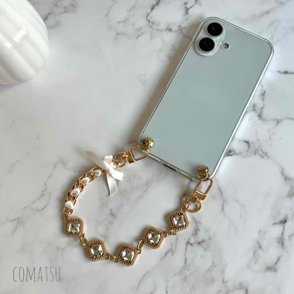 ≪全機種対応≫キラキラcharmmyりぼん ハンドストラップ付きスマホケース 落下防止スマホストラップ付きスマホカバー 1枚目の画像