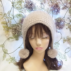 ハンドメイド 手編み帽子 ニットキャップ クシュクシュゆるかわ お花の