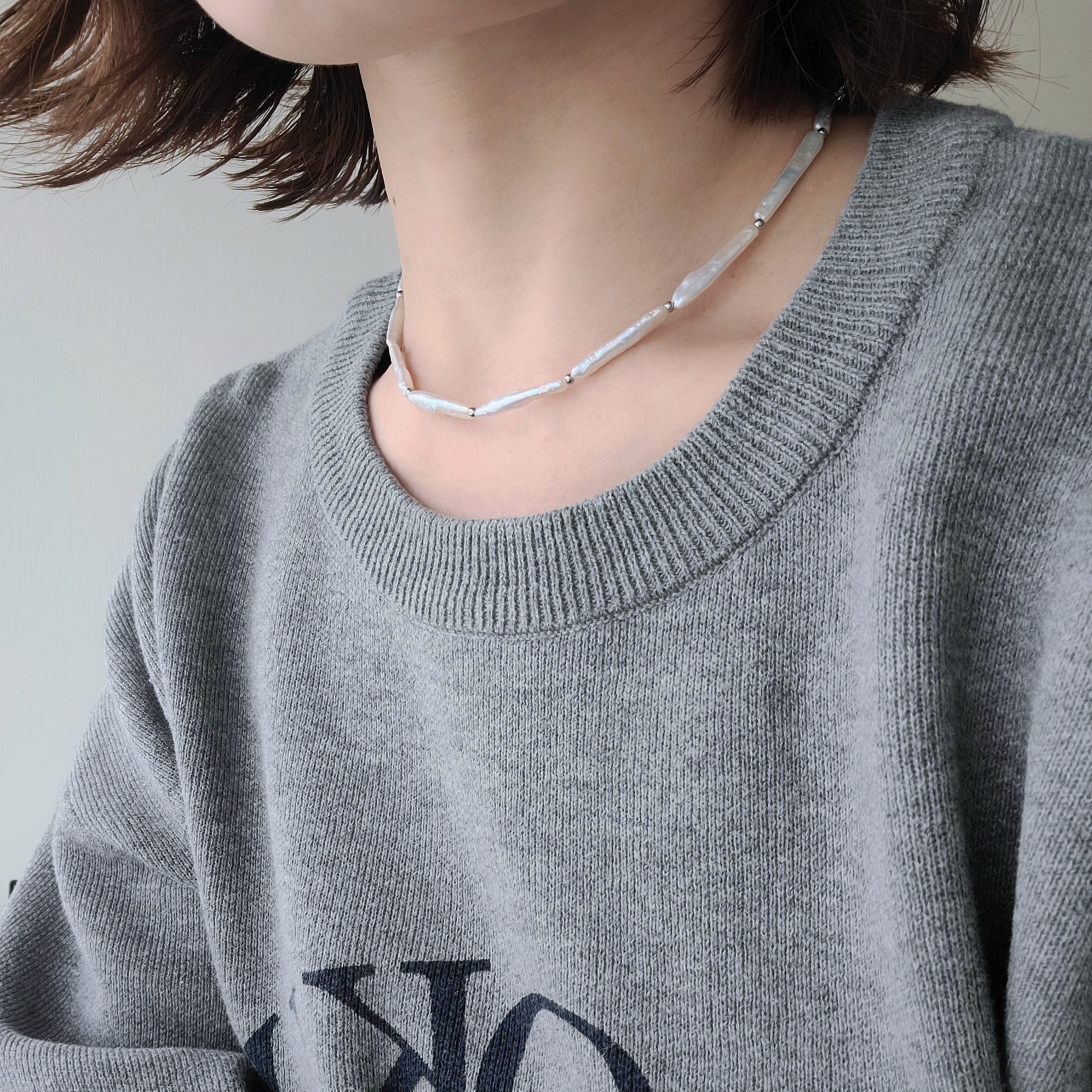 淡水スティックパール×ステンレスビーズネックレス
