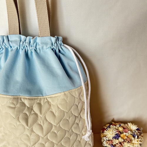 ハートキルト✿お着替え袋30✖️35(白×水色) 体操着袋 入園入学 お