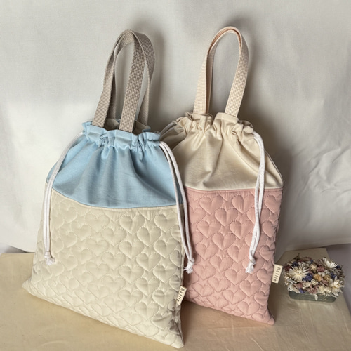 ハートキルト✿お着替え袋30✖️35(白×水色) 体操着袋 入園入学 お