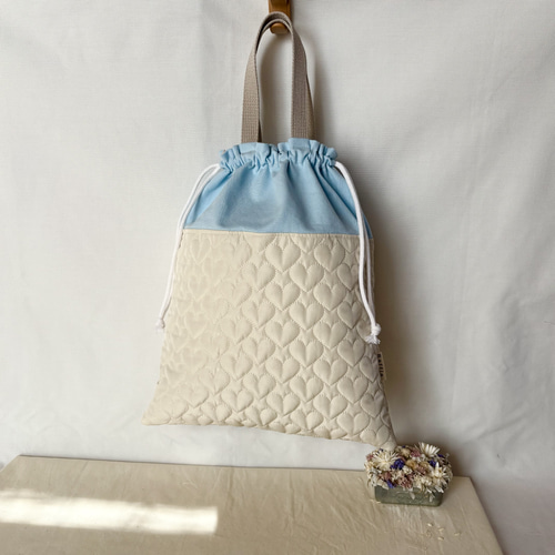 ハートキルト✿お着替え袋30✖️35(白×水色) 体操着袋 入園入学 お