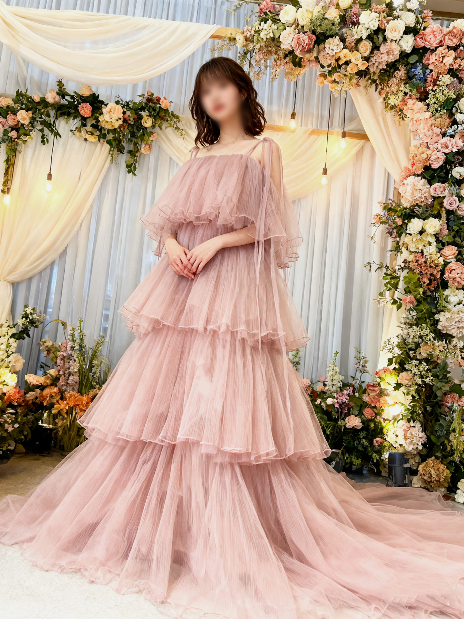 送料無料！カラードレス  キャミソール プリーツドレス ティアードのドレス ラベンダーピンク