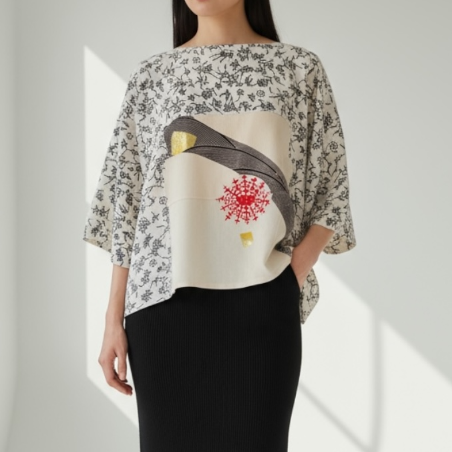 スクエアブラウス【送料込み】着物リメイク　七分袖　ホワイト