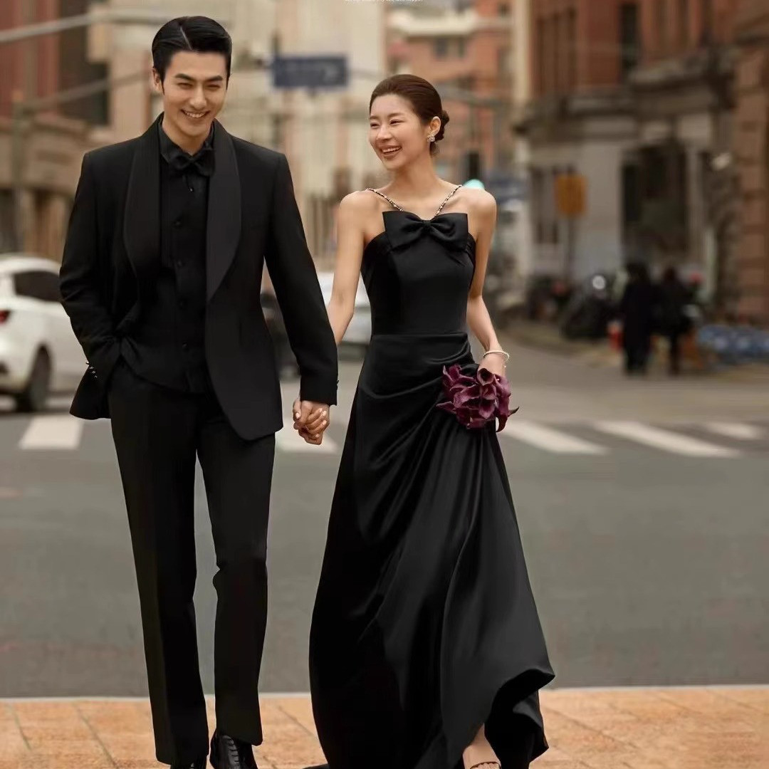 ノースリーブ 黒 リボン シンプル ウェディングドレス 韓国風 结婚式 パーティー 演奏会 二次会 前撮り HL206