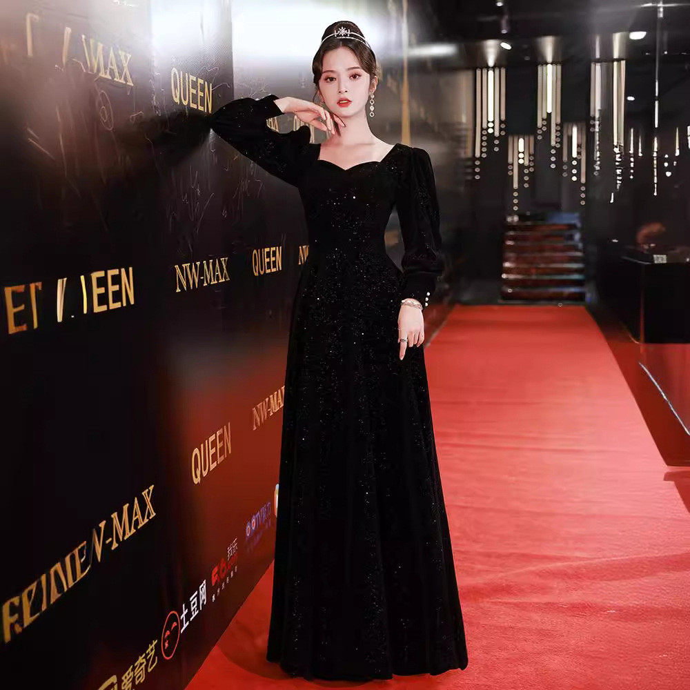 長袖 黒 ベロア きらきら シンプル パーティードレス エレガント 綺麗 パーティー 演奏会 二次会 前撮り HL219