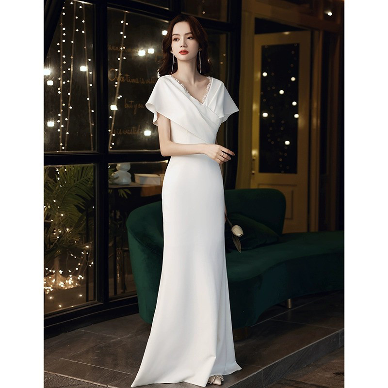 白 黒 Vネック シンプル パーティードレス エレガント 高級感 韓国風 パーティー 演奏会 二次会 前撮り HL222