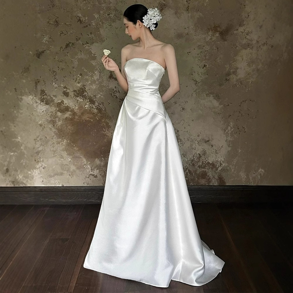 ノースリーブ 白 黒 シンプル おしゃれ ウェディングドレス 韓国風 花嫁 结婚式 演奏会 二次会 前撮り HL224