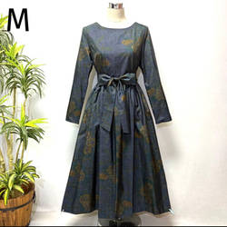 アンティーク大島紬 着物リメイク ワンピース 花柄 2WAY ギャザー LL
