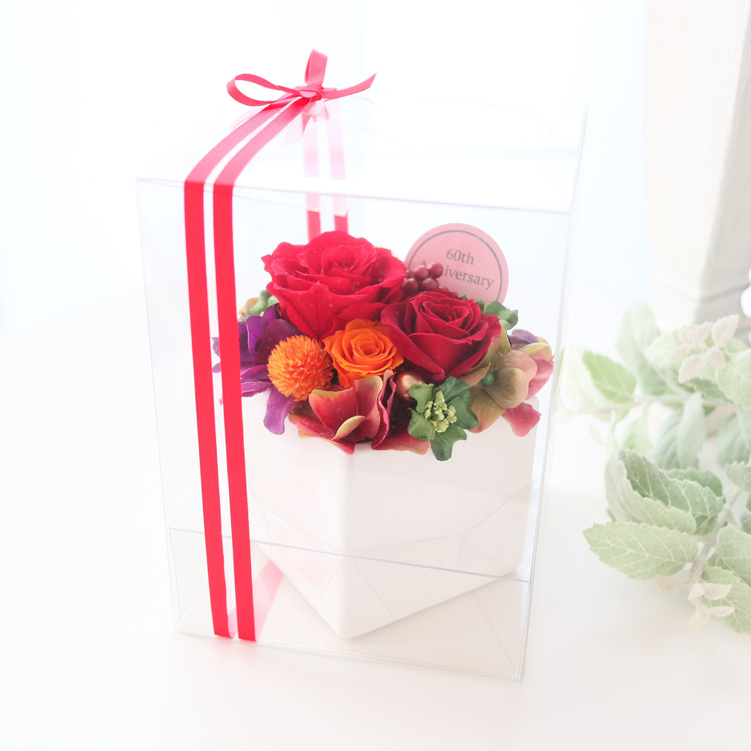【送料無料】赤いバラの華やかなケース入りアレンジメント｜誕生日・還暦祝い・退職祝い　pre.134