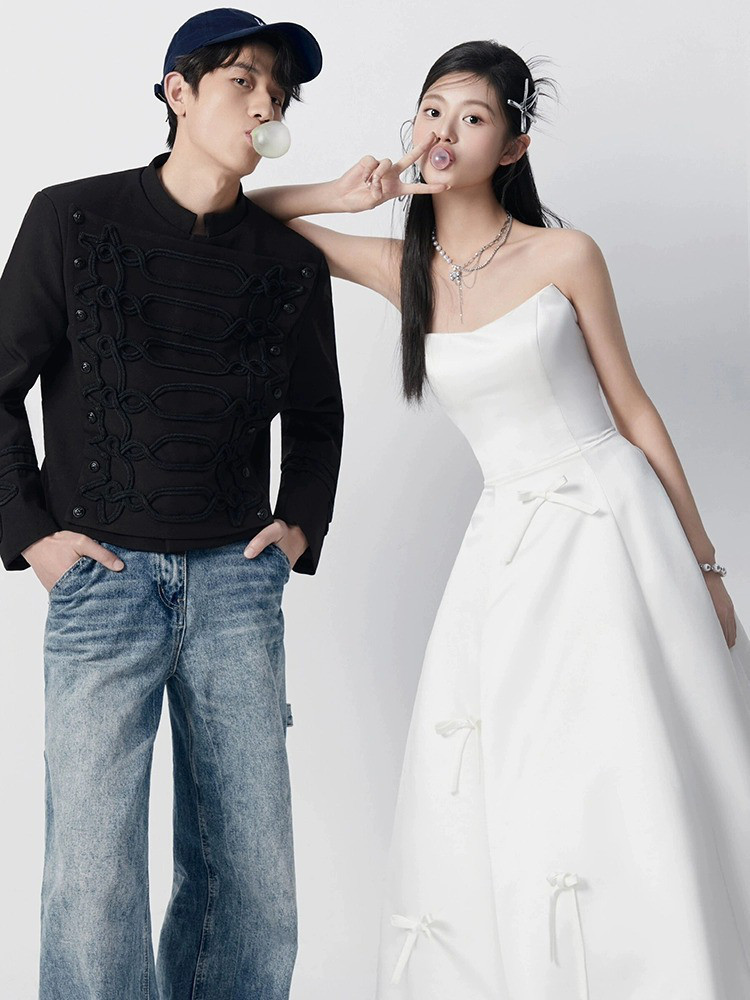 ノースリーブ 白 黒 サテン リボン ウェディングドレス 韓国風 花嫁 结婚式 演奏会 二次会 前撮り HL229