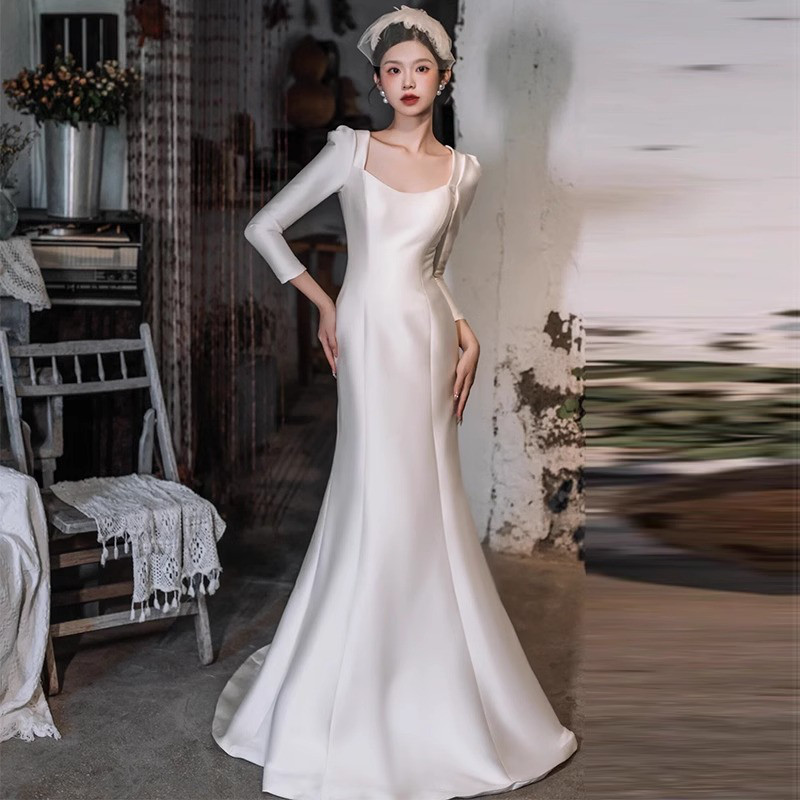 長袖 白 黒 サテン シンプル ウェディングドレス 韓国風 花嫁 结婚式 演奏会 二次会 前撮り HL232