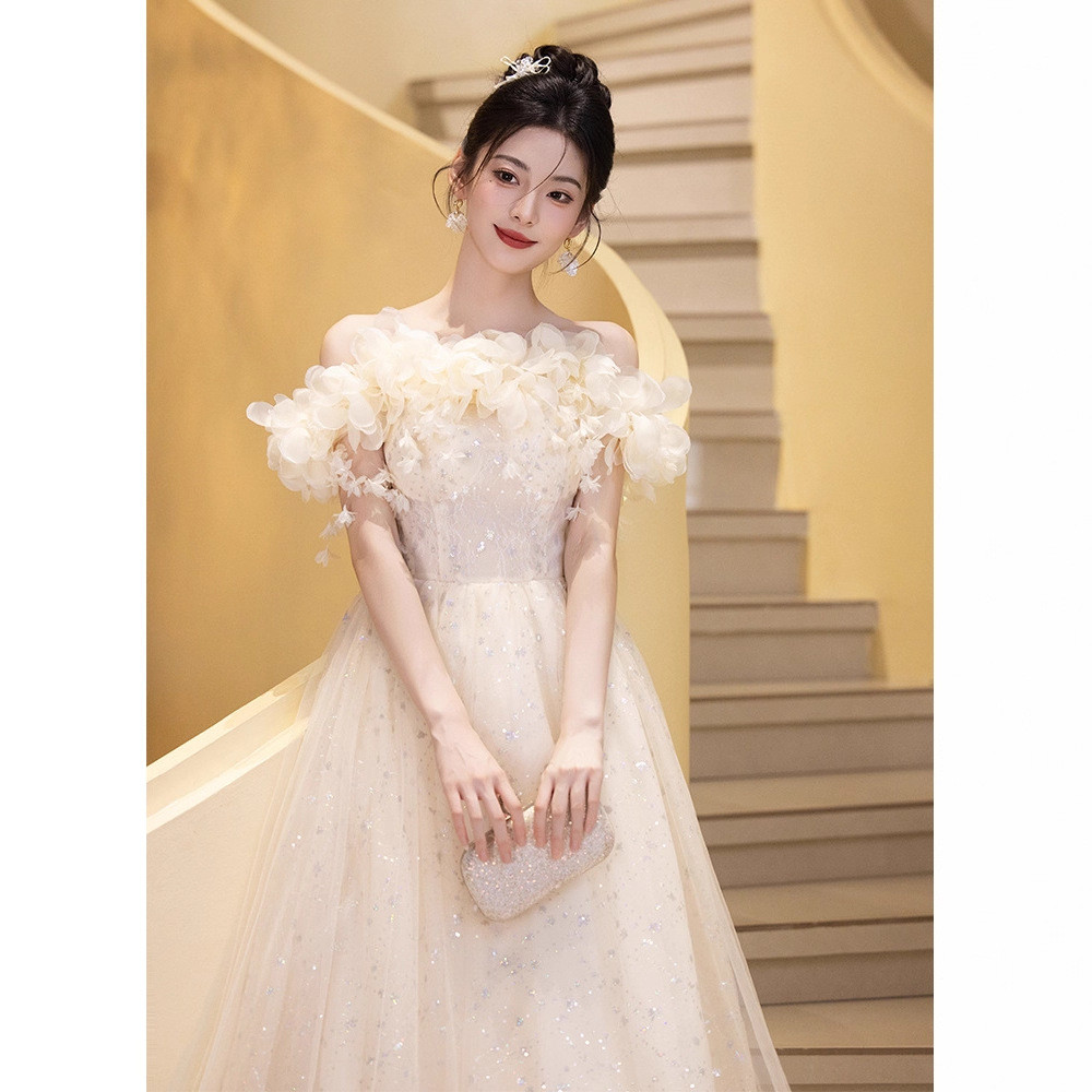 シャンパン色 オフショルダー 花 ロング カラードレス 上品 綺麗 ウェディング パーティー 演奏会 二次会 AK224