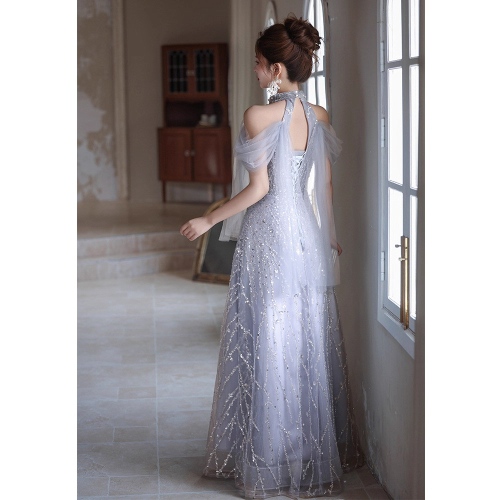 薄グレー Vネック きらきら ロング カラードレス 上品 高級感 ウェディング パーティー 演奏会 二次会 AK225